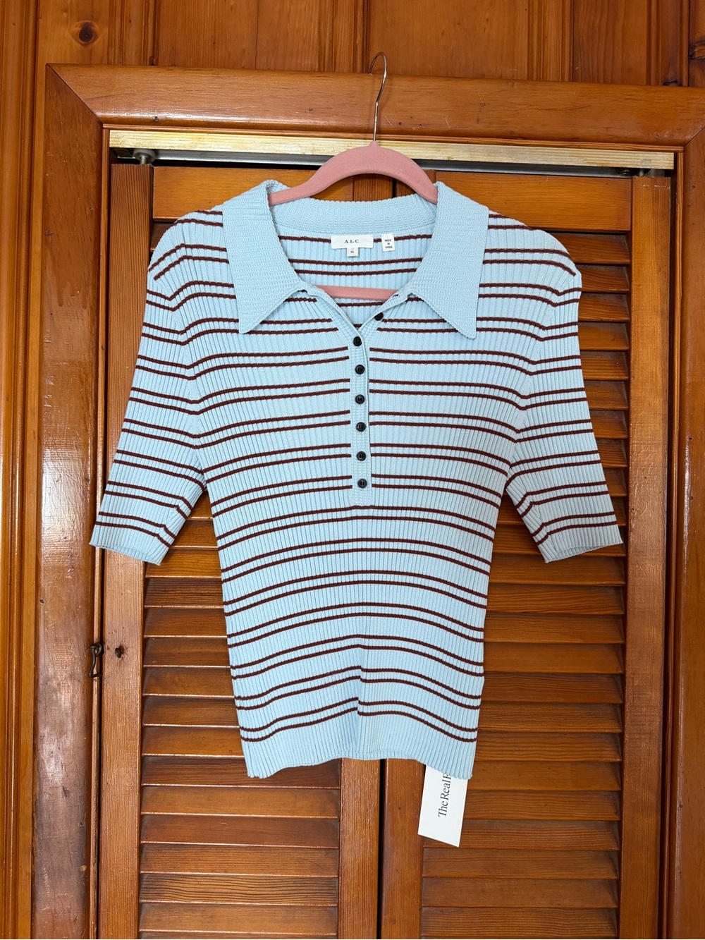 A.L.C. Ribbed Polo Tee in Sky Blue with Brown Stripes